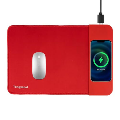 15W Wireless Charging Mouse Pad, 2 in 1 Desk Pad with Non-Slip Rubber Base, Fast Qi Wireless Charger for iPhone/Computers/Home Charging Devices, 12.8 * 8.5in Mouse Pad - Red - color: Red
