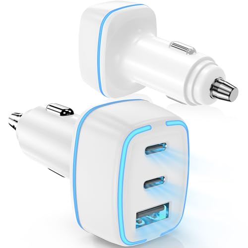 Hzevn USB C Car Charger, 3 Port PD Super Mini Cigarette Lighter Adapter, 2Pack USB-C & A Fast Car Charging for iPhone 16/15 Pro Max, Galaxy S25/S24, iPad, Pixel, Android Phones,White - color: White