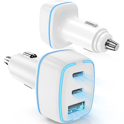 Hzevn USB C Car Charger, 3 Port PD Super Mini Cigarette Lighter Adapter, 2Pack USB-C & A Fast Car Charging for iPhone 16/15 Pro Max, Galaxy S25/S24, iPad, Pixel, Android Phones,White - color: White