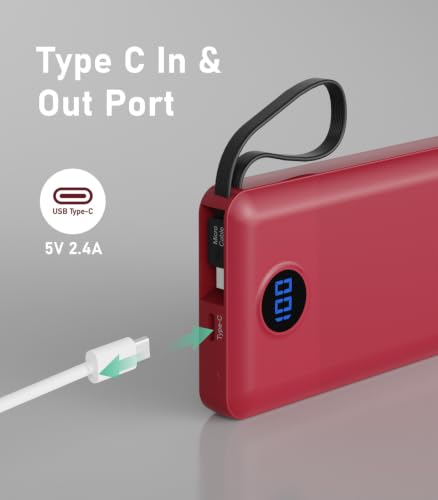Portable Charger Built in 4 Cables, 10000mAh Power Bank, Red - color: Red
