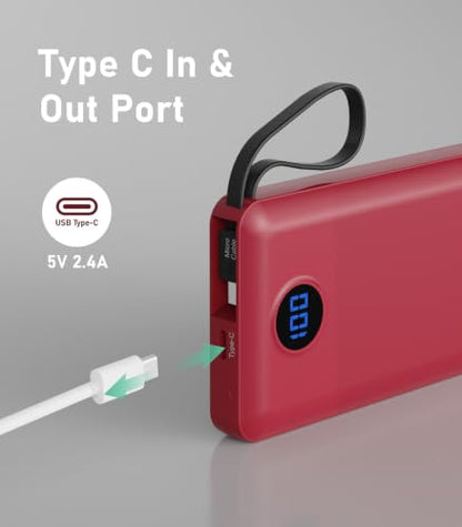 Portable Charger Built in 4 Cables, 10000mAh Power Bank, Red - color: Red