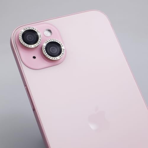 Camera Lens Protector for iPhone 15/15 Plus/14/14 Plus Bling Diamond Metal Ring Rhinestone Tempered Glass Lens Cover Accessories (Silver) - color: Silver