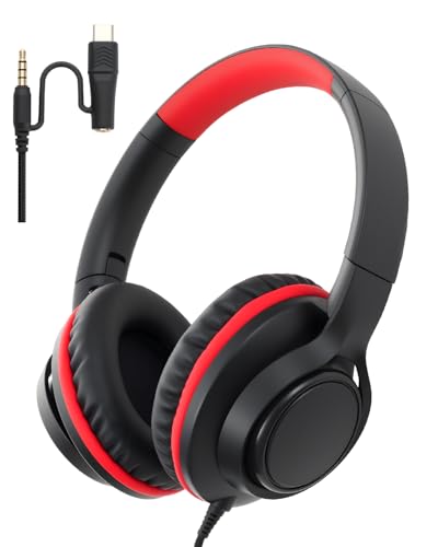 USB C & 3.5mm 2 in 1 Wired Headphones, Stereo Over Ear Headphones - color: Black
