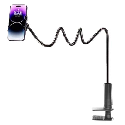 Metal Arm Phone Holder for Bedside Table Desk Adjustable Clamp Stand for Mobile Device Screen 360 Degree Rotation Design Bedside Phone Holder for Watching Moviesp - color: Black