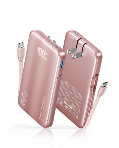 INIU 45W Fast Charging Portable Charger, 10000mAh with Built in Wall Plug | Slimmest, Built-in Wall Plug, USB-C Cable, GaN, Flight-Safe, 3 in 1 Power Bank for iPhone 17, Samsung, iPad etc, Pink - color: Pink