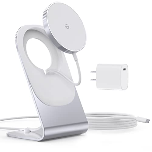Magnetic Wireless Charger for iPhone Duo/18/17/16/15/14/13/12 - Mag Charger+20W USB C Adapter, Aluminum Fast Wireless Charging Stand/Pad with 5ft USB-C Cable for iPhone 18/17/16/15/14/13/12, Airpod - color: silver
