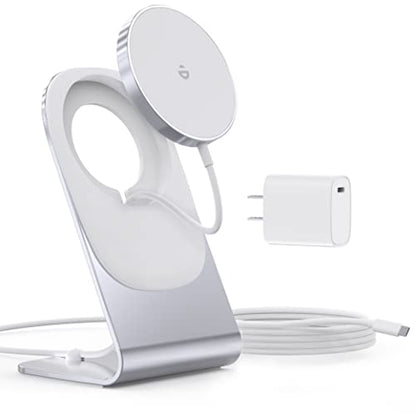 Magnetic Wireless Charger for iPhone Duo/18/17/16/15/14/13/12 - Mag Charger+20W USB C Adapter, Aluminum Fast Wireless Charging Stand/Pad with 5ft USB-C Cable for iPhone 18/17/16/15/14/13/12, Airpod - color: silver