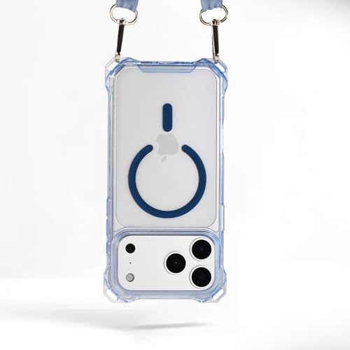 Magnetic for iPhone 17 Pro Crossbody Phone Case,Mist Blue,Clear Magnetic Soft Frame PC Back Shockproof Protective Phone Cover with Adjustable Detachable Lanyard,Compatible with MagSafe - color: Mist Blue, size: iPhone 17 Pro