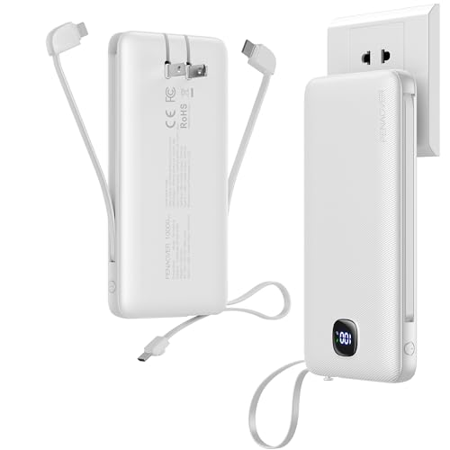 Portable Charger 10000mAh 22.5W Power Bank,Built-in 3 Cables & AC Wall Plug - color: Matte White