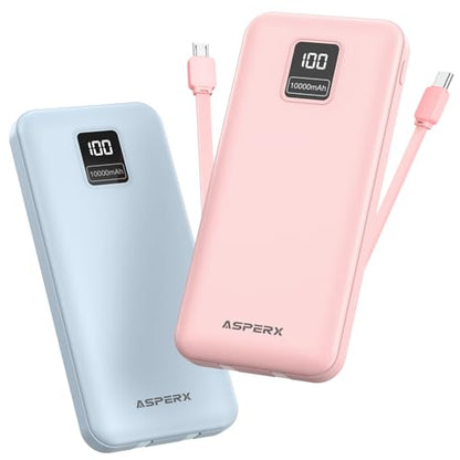 AsperX 2-Pack 10000mAh Portable Charger Built-in USB C Cables, LED Display - color: Bule+pink