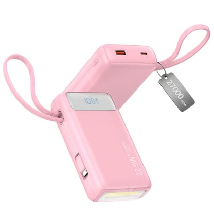 Nusyddy Portable Charger 27000mAh 22.5W w/Built-in Cable & LED Display Pink - color: Pink