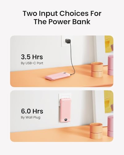 Portable Charger Built-in Cables and Wall Plug, 10000mAh Slim USB C Power Bank, LED Display External Battery Pack Compatible with iPhone/Android & More (Pink) - color: Pink