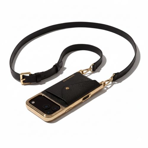 Bandolier Hailey Chrome Leather Crossbody Case iPhone 17 Pro Max - Black/G | Crossbody leather phone case. Built-in wallet w/ snap-closure. Adjustable & removable leather strap. Phone drop protection. - color: Black/Gold Chrome, size: iPhone 17 Pro Max