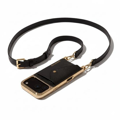 Bandolier Hailey Chrome Leather Crossbody Case iPhone 17 Pro Max - Black/G | Crossbody leather phone case. Built-in wallet w/ snap-closure. Adjustable & removable leather strap. Phone drop protection. - color: Black/Gold Chrome, size: iPhone 17 Pro Max