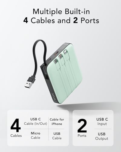 VRURC Portable Power Bank Built-in Cables, 20000mAh 22.5W Fast Charging USB C Battery Pack, Travel Essentials, Phone Charger Battery for iPhone 17/16/15 Series, Samsung Galaxy Series, Green(1 Pack) - color: Green