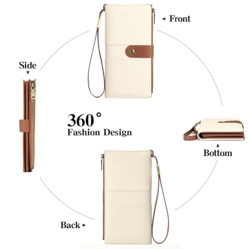 GAEKEAO Wallets for Women Leather RFID Blocking Large Capacity Card Case Ladies Wristlet Clutch Wallets Zipper Pocket with 4 ID Windows 21 Card Slots - color: White-Brown