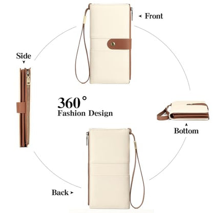 GAEKEAO Wallets for Women Leather RFID Blocking Large Capacity Card Case Ladies Wristlet Clutch Wallets Zipper Pocket with 4 ID Windows 21 Card Slots - color: White-Brown