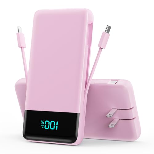 Portable Charger Power Bank for iPhone with Built-in Cables and AC Wall Plug, 13800mAh Ultra Slim Travel Essentials,USB C Fast Charging External Battery Pack for iPhone 17/16/13,Galaxy,Android-Pink - color: Pink