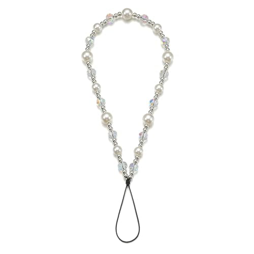 Crystal & Pearl Phone Charm Wrist Strap, Beaded Lanyard Wristlet Chain, Hands-Free Bracelet Strap for Phone Cases - color: Crystal+pearl