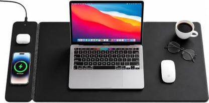 Wireless Charging Mouse Pad & Desk Mat with Detachable MagSafe-Compatible Qi Charger – Charges Phone + Earbuds, XL Vegan Leather Office Desk Pad with Hidden Storage, 30.7" x 14.6" - color: Black