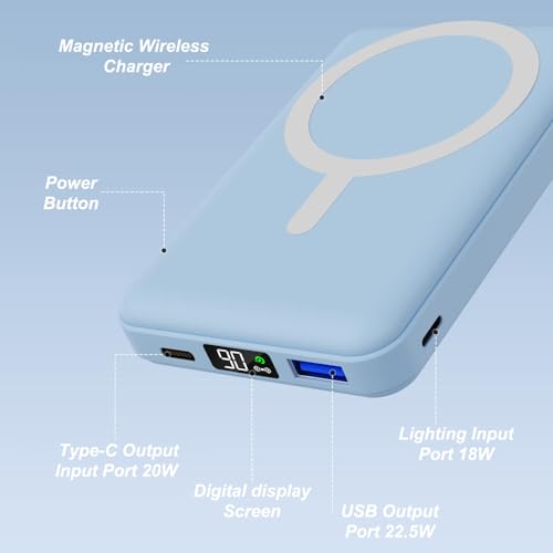 AOGUERBE Magnetic Power Bank, 10000mAh Wireless Portable Charger with Stand - color: Light Blue
