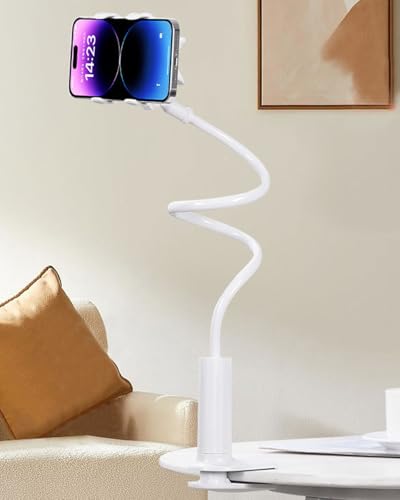 3.2 Ft Cell Phone Clip Bed Stand Holder, with Grip Flexible Long Arm Gooseneck Bracket Mount Clamp for Desk, Compatible with iPhone or Other 3.5-7" Devices (White) - color: White