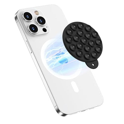 Magnetic Suction Cup Phone Mount with MagSafe, Silicone Hands-Free Grip Holder for iPhone Case and Android, Mirror Shower Phone Stand for Makeup FaceTime Gym Kitchen Bathroom, Black - color: Black