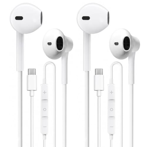 USB C Headphones 2 Pack，USB Type C Earbuds HiFi Stereo USB C Wired Earphones with Microphone Volume Control Compatible with Samsung Galaxy S23 S22 S21 Google Pixel 6 5 4XL/iPad Pro - color: White