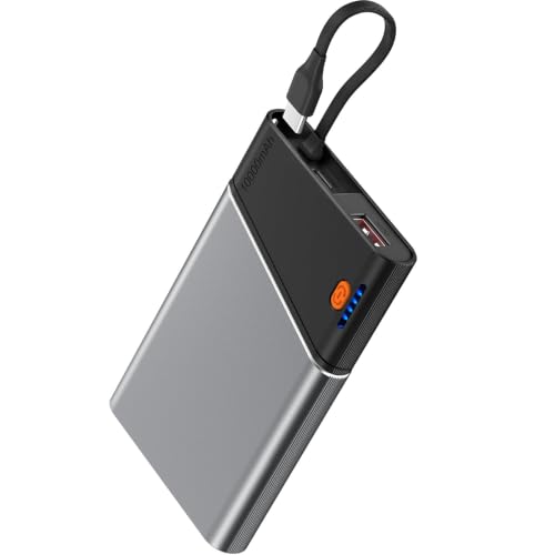 Aaoyun 10000mAh Portable Power Bank, 22.5W PD Fast Charging Battery Pack with Built-in USB-C Cable, Ultra-Slim External Phone Charger for iPhone 17/16/15, Samsung Galaxy S24, Android (Grey) - color: Grey