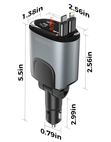 Retractable Car Charger 100W, Phone Charger USB C Fast Charging, 4 in 1 | Cigarette Lighter Adapter for iPhone 17 16 15 14 13 12 11 Samsung Pixel, Travel Essentials Car Accessories Gifts for Him Her