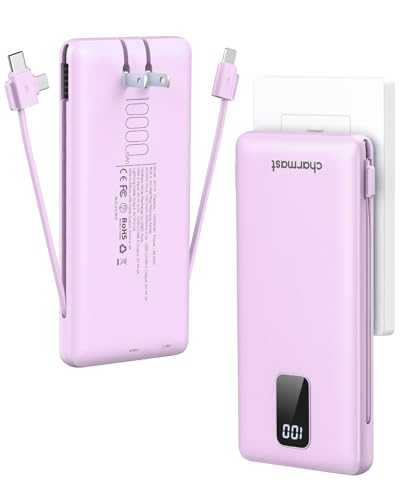 charmast Portable Charger Power Bank Built in Cables,10000mAh Battery Pack | with AC Wall Plug,LED Display & 5 Outputs,Travel Camping Essentials Slim External Phone Charger for iPhone,Samsung,Android - color: Purple