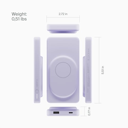 Clemm Portable 10000 mAh Wireless Power Bank, Compatible with MagSafe, Travel Essential, Quick Charging for iPhone 16/15/14/13/12/11/X - USB-C × 1 & USB-A × 1, Lavender - color: Lavender