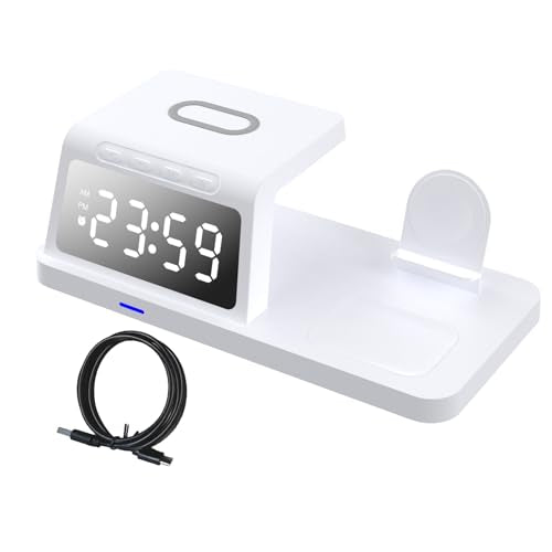 Wireless Charging Station, 3 in 1 Desk Charger with Alarm Clock, Fast Charging for Phone Watch Earphones, Space Saving Ideal for Bedroom Office