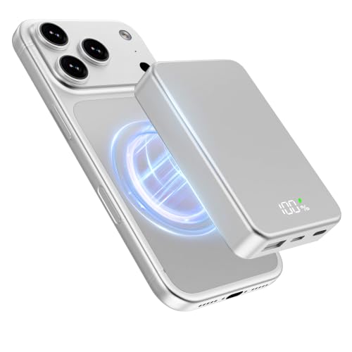 Magnetic Portable Charger for Magsafe Power Bank, 26800mAh 20W PD Large Capacity Aluminum Alloy USB-C in&Out Wireless Fast Charging Battery Pack for iPhone 17Pro Max/16/15/14/13/12 Series, Silver - color: Silver