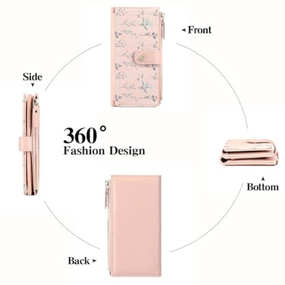 GAEKEAO Womens Wallet RFID Blocking Trifold Large Capacity Ladies Vegan Leather Wallet Floral Multi Card Holder Organizer - color: Y05-Pink