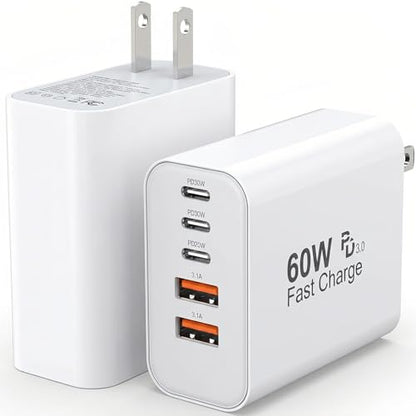 TZBAY 2-Pack USB C Charger Block, 60W 5 Ports Wall Charger Fast Charging - color: White 2Pack