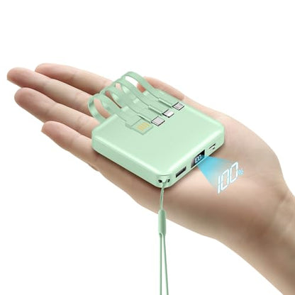ummz Mini Portable Charger with Built-in 4 Cables，12000mAh Small Power Bank - color: green
