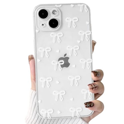 NITITOP Compatible with iPhone 14 Case Clear Cute Bow Ribbon Love Heart Pattern for Women Girls Bowknot Full Camera Lens Soft TPU Slim Shockproof Protective Cover - White - color: White, size: iPhone 14