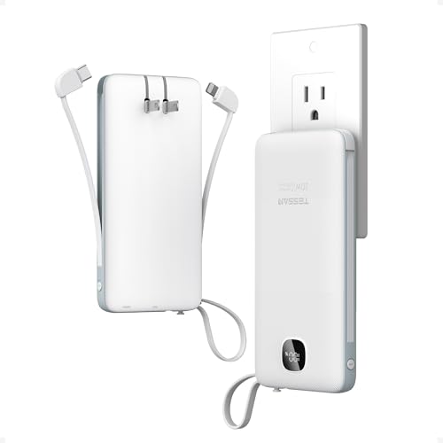 TESSAN Portable Charger with Built in Cables, 10000mAh Power Bank Wall Plug - color: White