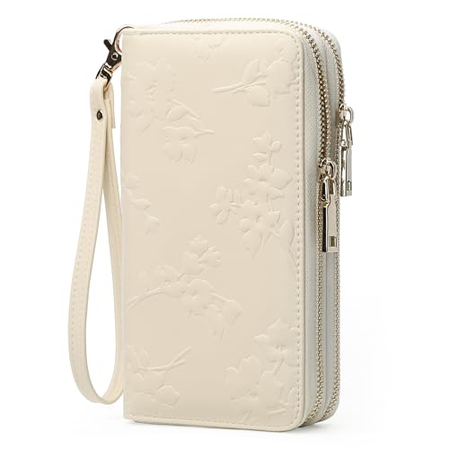 yiijay Womens Wallet RFID Blocking Large Capacity Vegan Leather Double Zip Wristlet Wallet Card Holder Travel Ladies Clutch - color: Beige