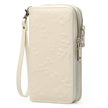 yiijay Womens Wallet RFID Blocking Large Capacity Vegan Leather Double Zip Wristlet Wallet Card Holder Travel Ladies Clutch - color: Beige