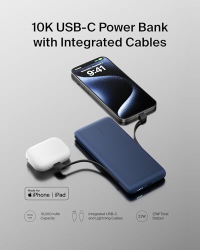 Belkin 10K 23W Portable Charger Power Bank, Integrated USB C and LTG Cables - Recommended Uses for Product - color: Blue