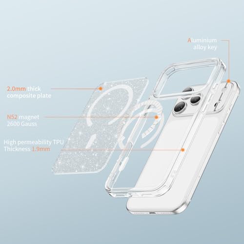LEMAXELERS Magnetic Clear Glitter Case for iPhone 17 Pro -Clear SF | Compatible with MagSafe, Crystal Sparkly Bling Clear TPU Bumper Hard PC Slim Shockproof Protective Cover - color: Clear, size: iPhone 17 Pro