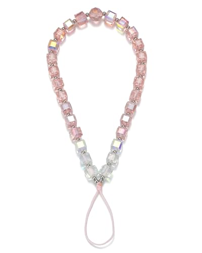 Crystal & Pearl Phone Charm Wrist Strap, Beaded Lanyard Wristlet Chain, Hands-Free Bracelet Strap for Phone Cases - color: Cube-pink