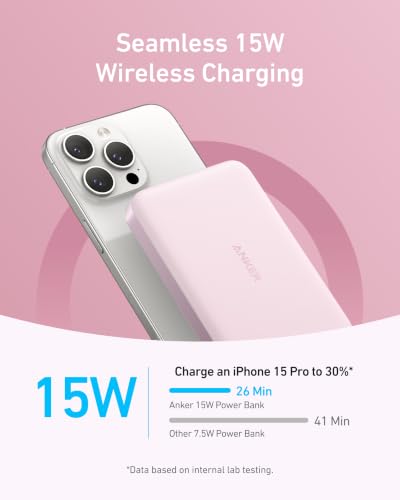 Anker MagGo Power Bank, 10,000mAh Qi2-Certified 15W Portable Charger | Slim and Fast MagSafe-Compatible Battery Pack, Ergonomic Design, for iPhone 16 / 15 / 14 / 13 Series and More - color: Pink