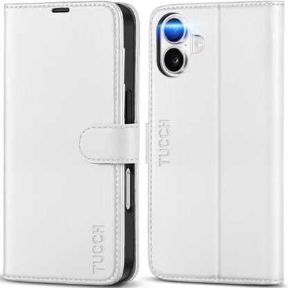 TUCCH Wallet Case for iPhone 16 (6.1") 2024, 4 Card Slots, White | RFID Blocking, Viewing Stand, Shockproof TPU Shell, PU Leather, Magnetic Closure, Protective Folio Flip Cover - color: White