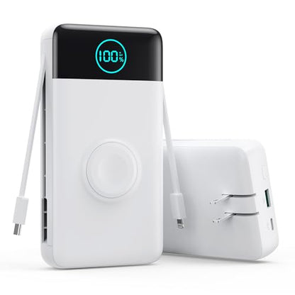 Portable Charger for iPhone, 40800mAh Power Bank with Built-in Cables & AC Wall Plug, 5 Outputs USB C Fast Charging External Battery Pack for iPhone 17/16/15/14, Android, Travel Essential (White) - color: White