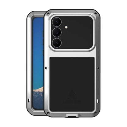 LOVE MEI Military Rugged Case for Samsung Galaxy S25 FE 5G, with Tempered Glass Screen Protector, Shockproof Dustproof Scratch Proof Hybrid Metal and Silicone Gel Heavy Duty Full Body Cover (Silver) - color: Silver