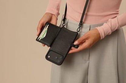 Bandolier Mila Leather Crossbody MagSafe Case iPhone 17 Pro Max - Black/P | Crossbody leather phone case. Built-in card-holder. Adjustable & removable strap. MagSafe Design. Phone drop protection. - color: Black/Pewter, size: Iphone 17 Pro Max