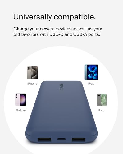 Belkin 10000mAh 15W 3 Port Power Bank, USB A to USB C Cable Included | Fast Charging, iPhone 17, Samsung Galaxy, Pixel, Airpods, iPad, Nintendo Switch 2, Battery Pack, USB C Port, USB A Port - color: Blue